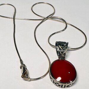 Vtg Silpada 925 Oval Red Cabochon Filigree Pendant Necklace Silver Snake Chain